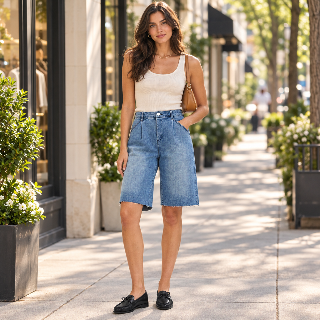 Risen Jeans women's medium wash pleated denim jorts with raw hem, styled on a boutique street - BellanBlue