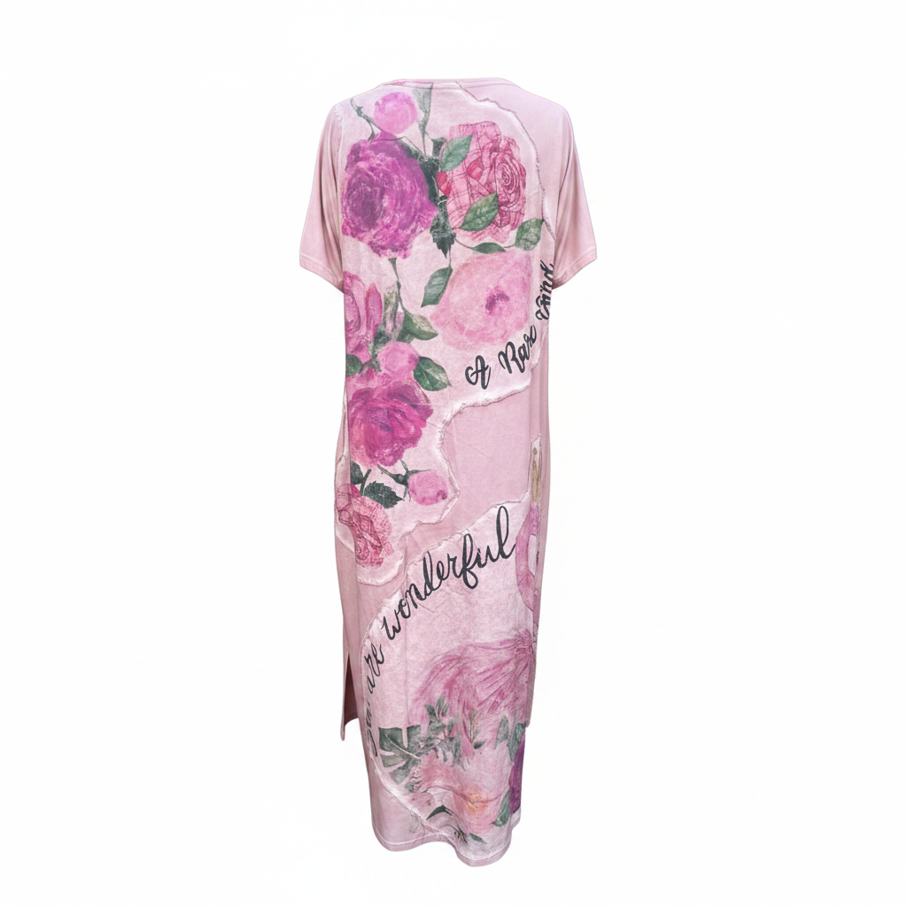 Women's blush pink graphic maxi dress back view, A Rare Bird script print, jersey knit, boxy caftan fit