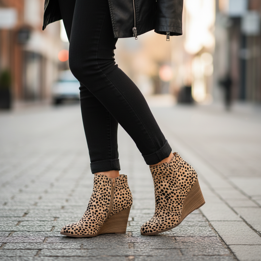 Cheetah print wedge booties styled with black skinny jeans and leather jacket - edgy street style