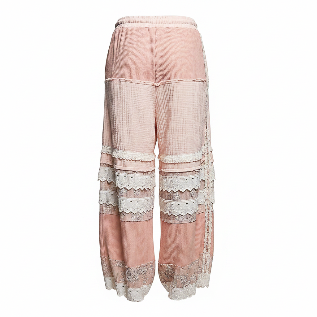 Women's pink double gauze jogger pants back view, scalloped eyelet lace panels, relaxed silhouette