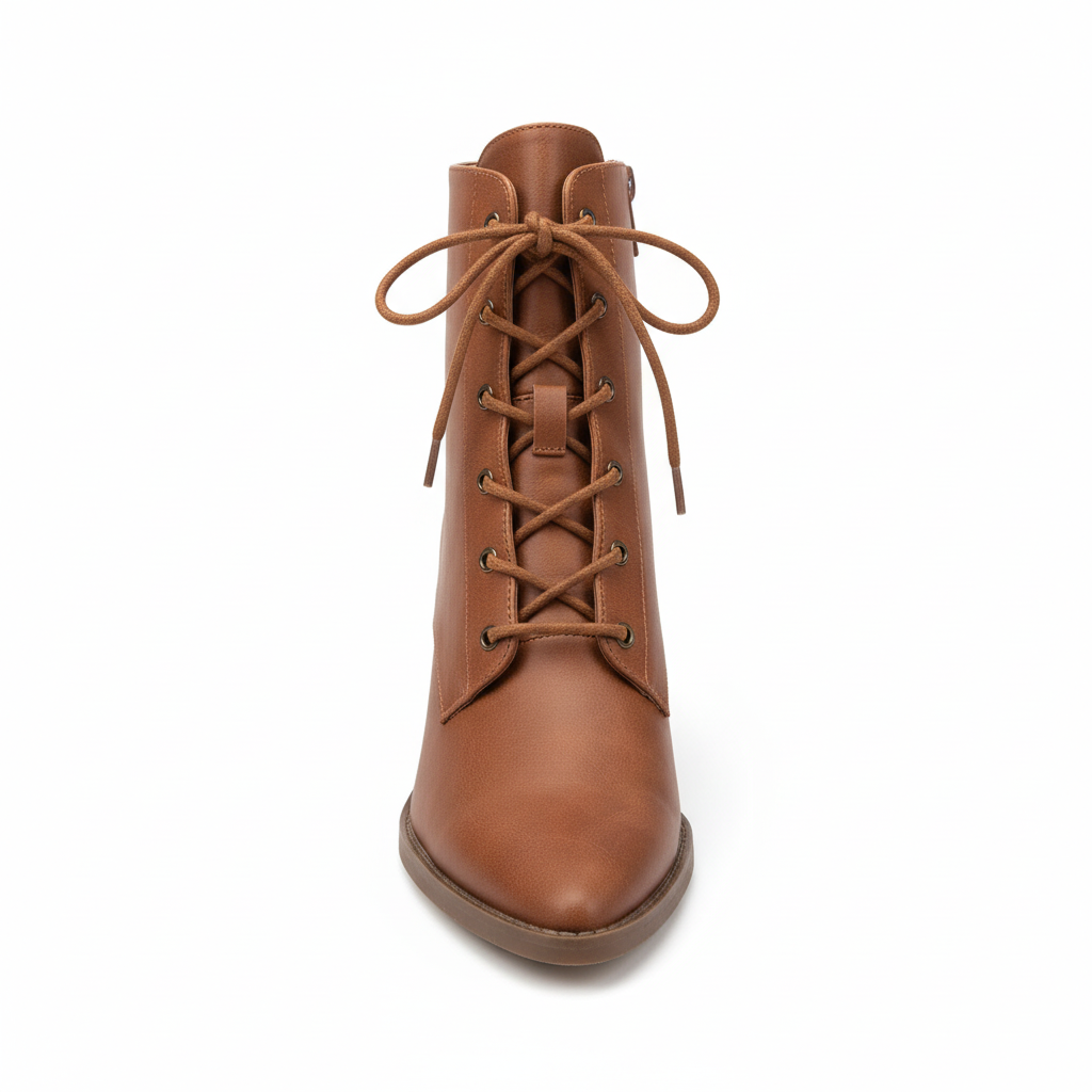 Rust brown lace-up ankle boot front view on white background showing pointed toe and block heel