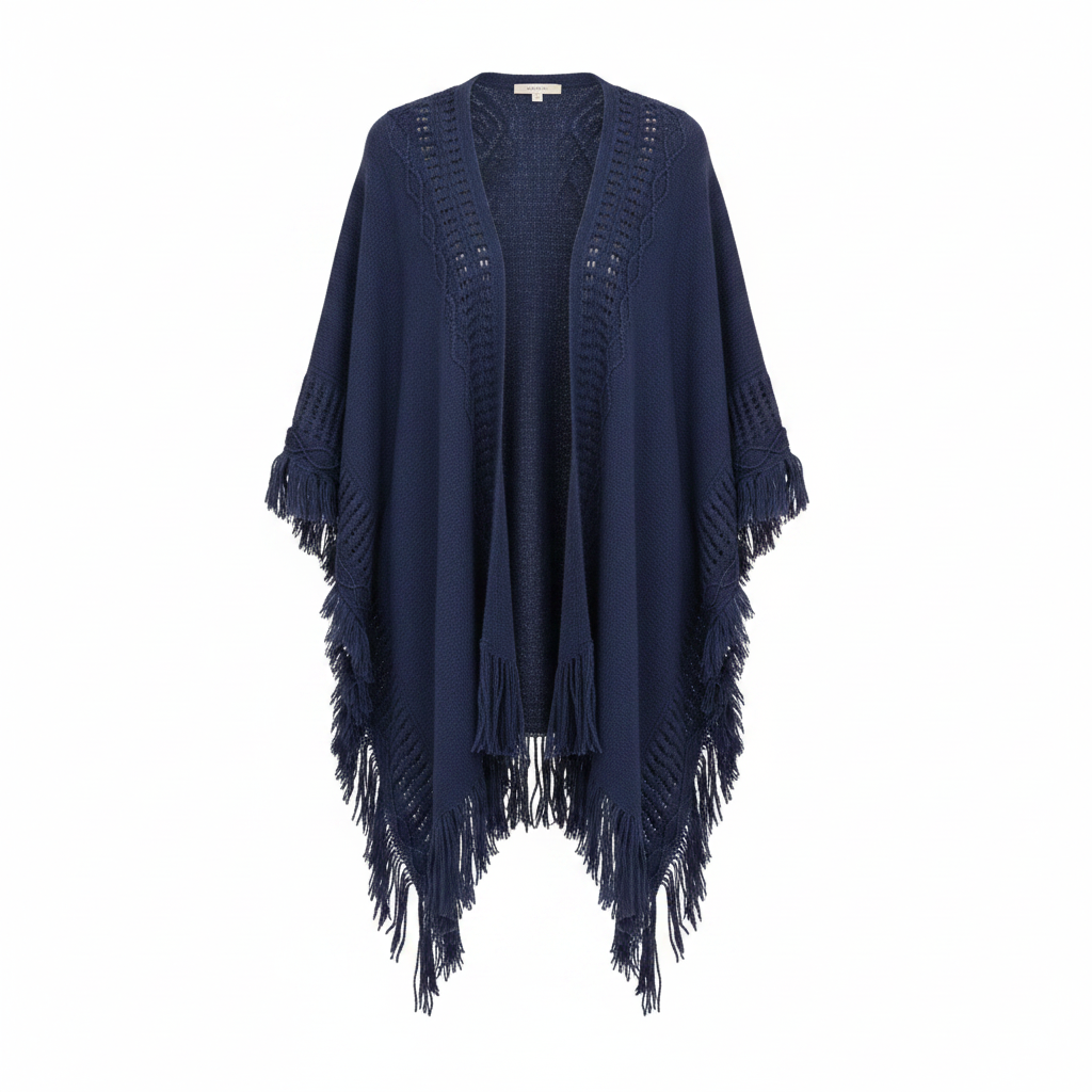 Women's navy open-knit ruana wrap, front view, batwing silhouette, ladder-stitch panels, fringe hem