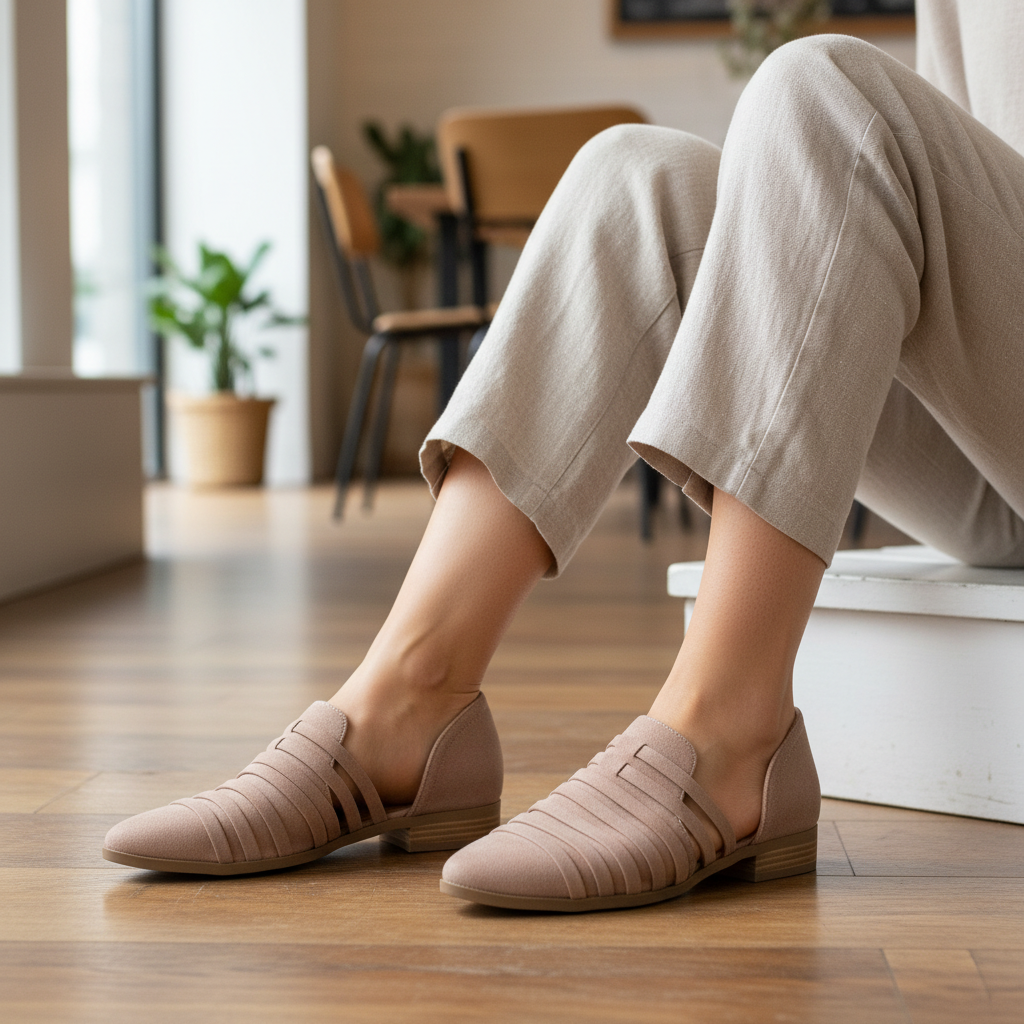 Woman seated showing outer side of stone cage strap Qupid d'Orsay flats, cage cut-out detail visible, warm indoor setting