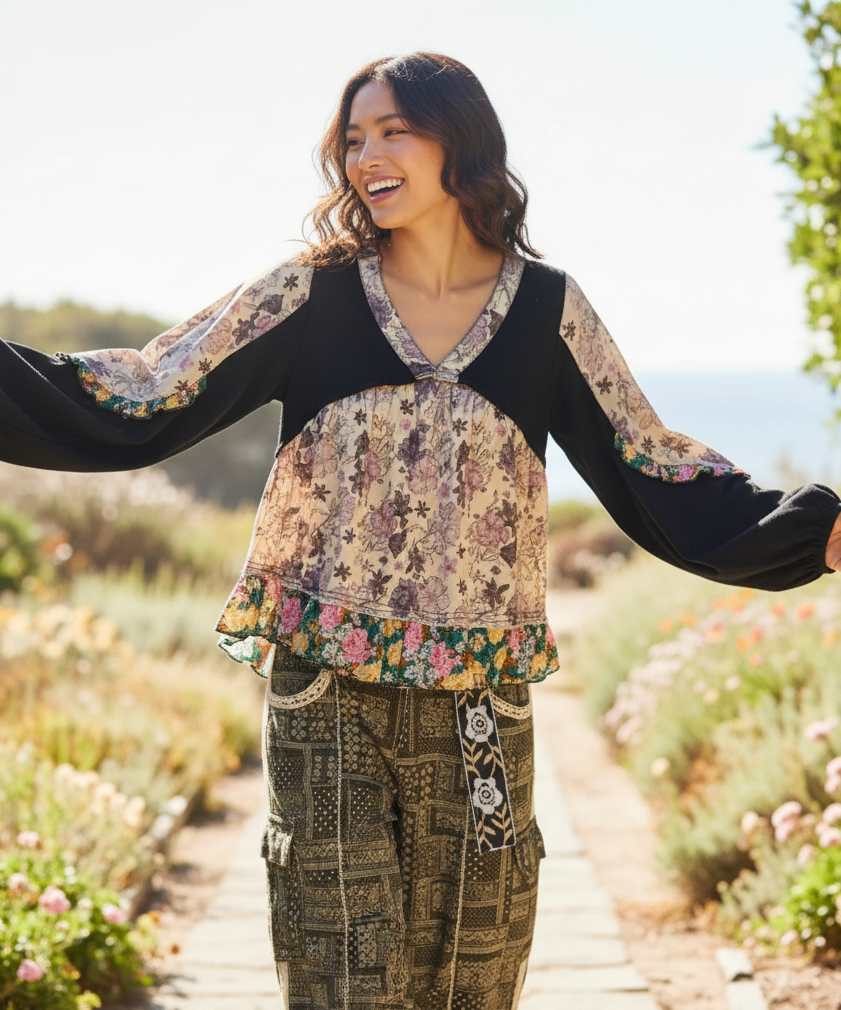 Women's ivory boho patchwork top in motion, floral print woven fabric, ruffle sleeves, relaxed oversized fit
