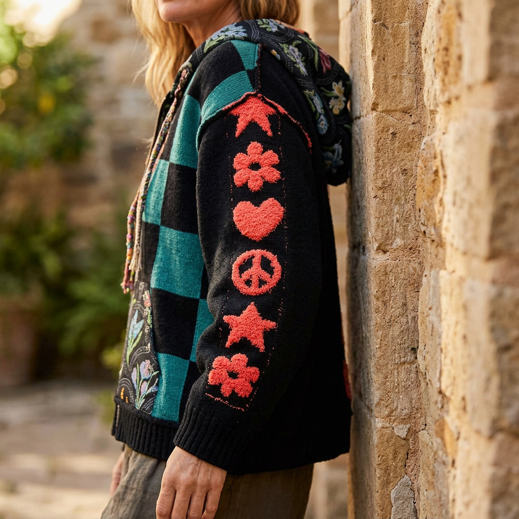 POL Clothing black hoodie sleeve with raised coral star, flower, heart and peace-sign appliqués in a courtyard