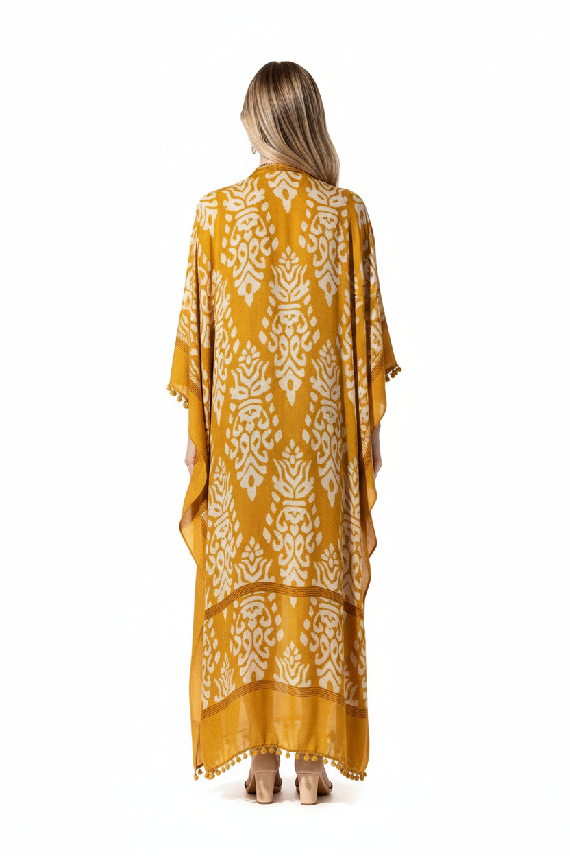Damask print kimono duster - back view showing medallion pattern and wide sleeves
