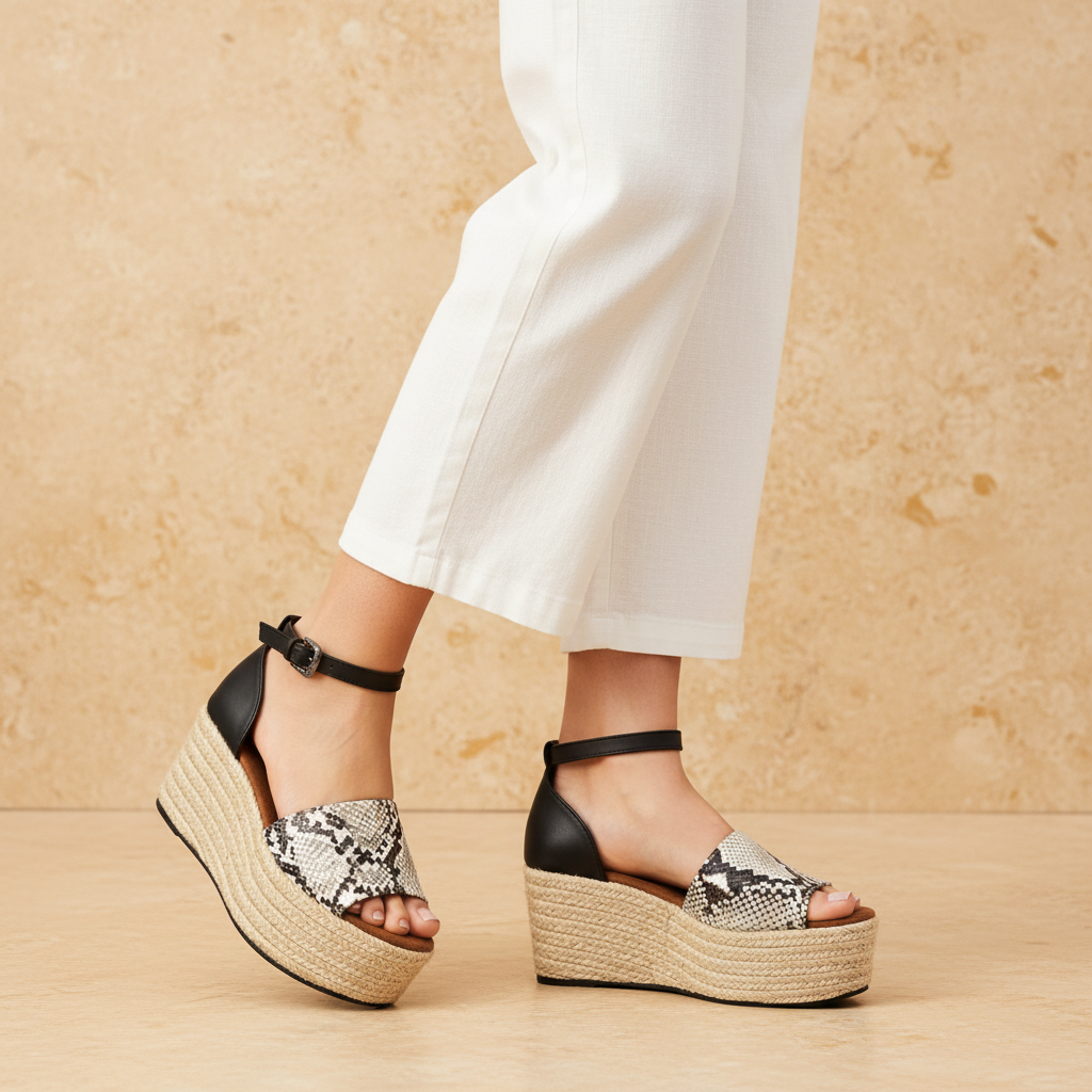Women's snake print espadrille platform wedge sandal on warm stone surface showing jute wedge and ankle strap side profile - BellanBlue