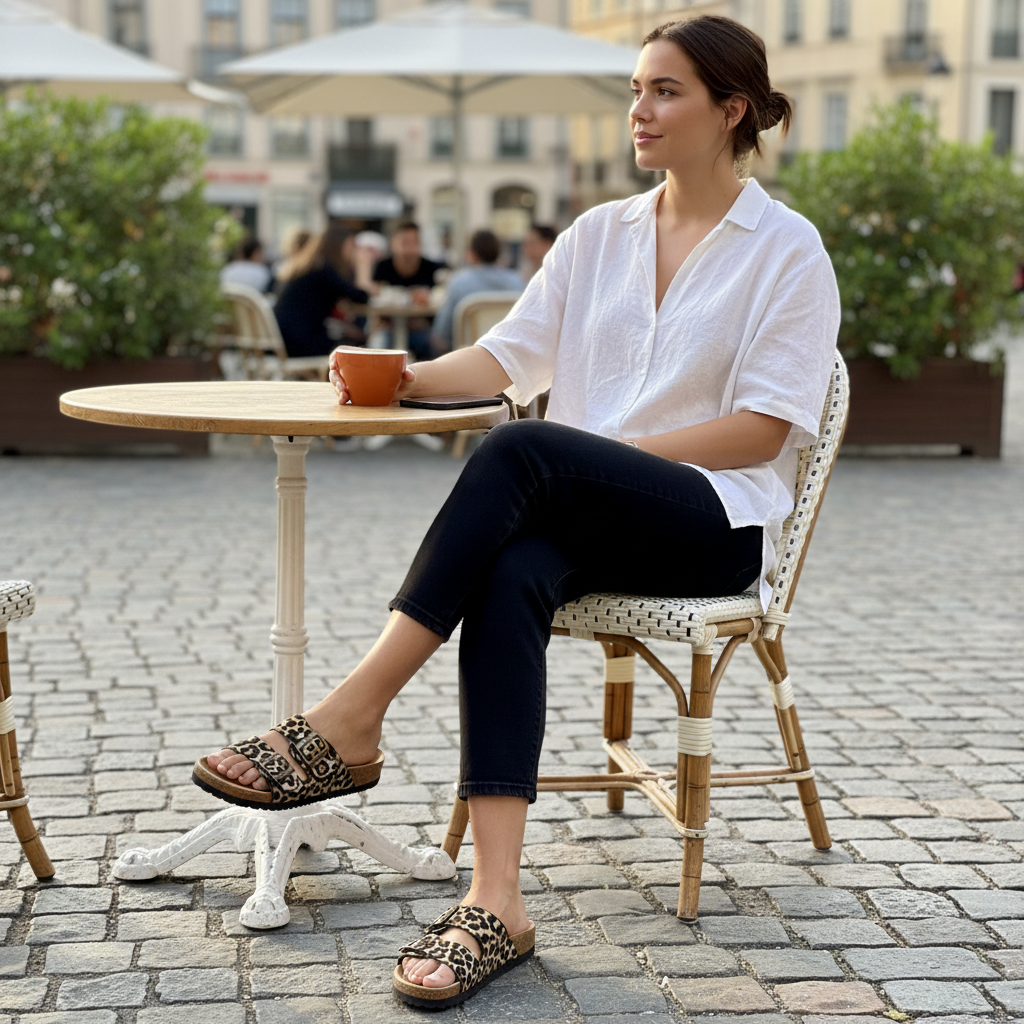 Women's leopard print cork platform slide sandals with double buckle straps styled with black jeans outdoor café