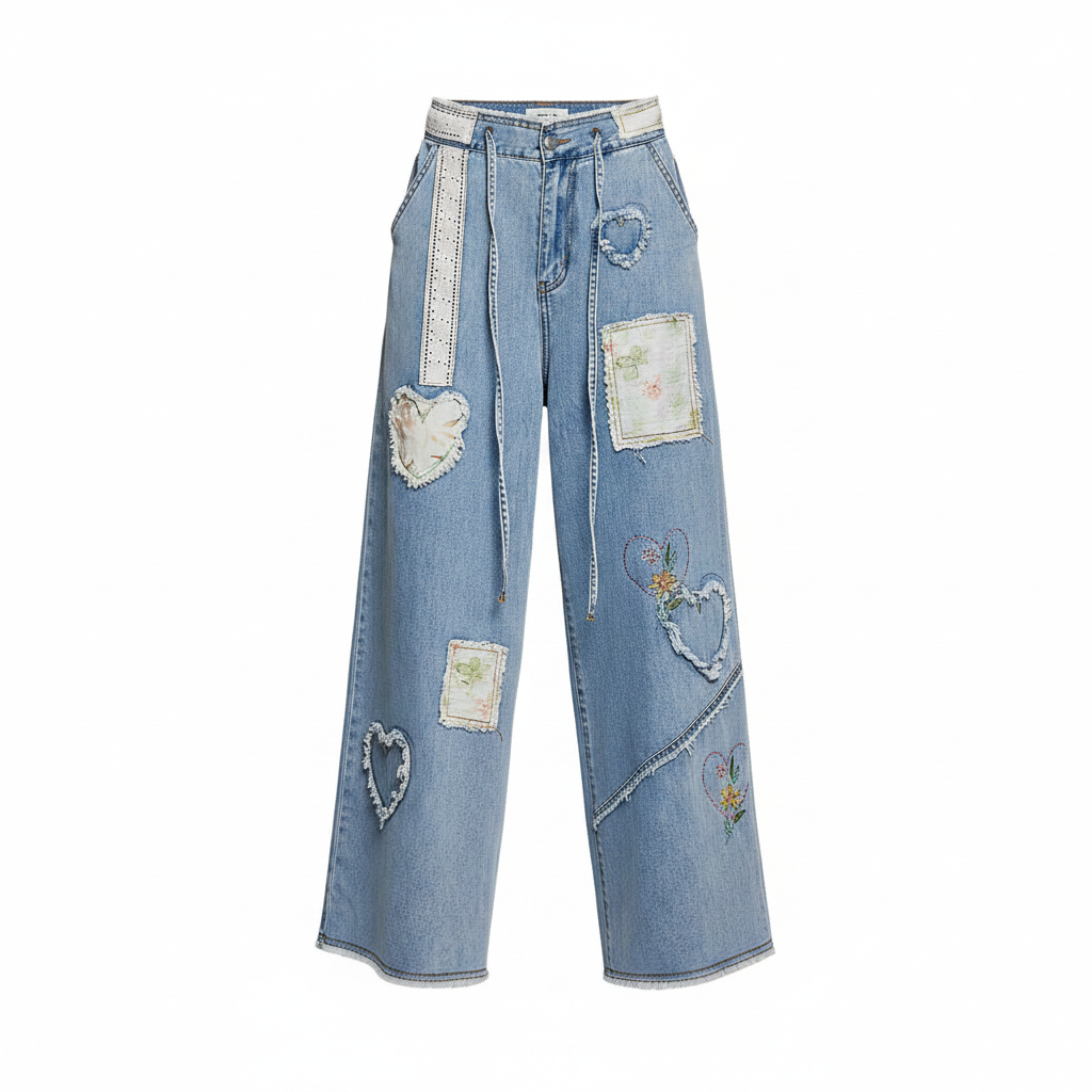 POL Clothing women's light blue wide-leg patchwork denim pants, front view, heart appliqués and rhinestone detail