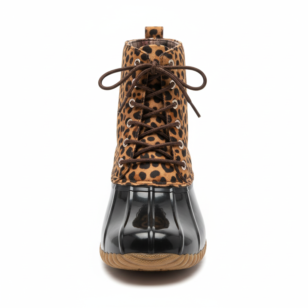 Women's leopard print duck boots with black rubber bottom - front view