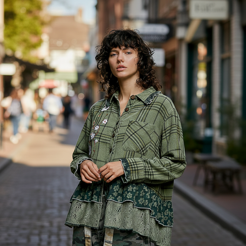 POL Clothing women's olive plaid patchwork button-up top with floral embroidery, boutique street style - BellanBlue