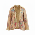 Women's golden peach patchwork floral boho blazer open front, mustard yellow interior lining, ditsy dot cotton, oversized fit