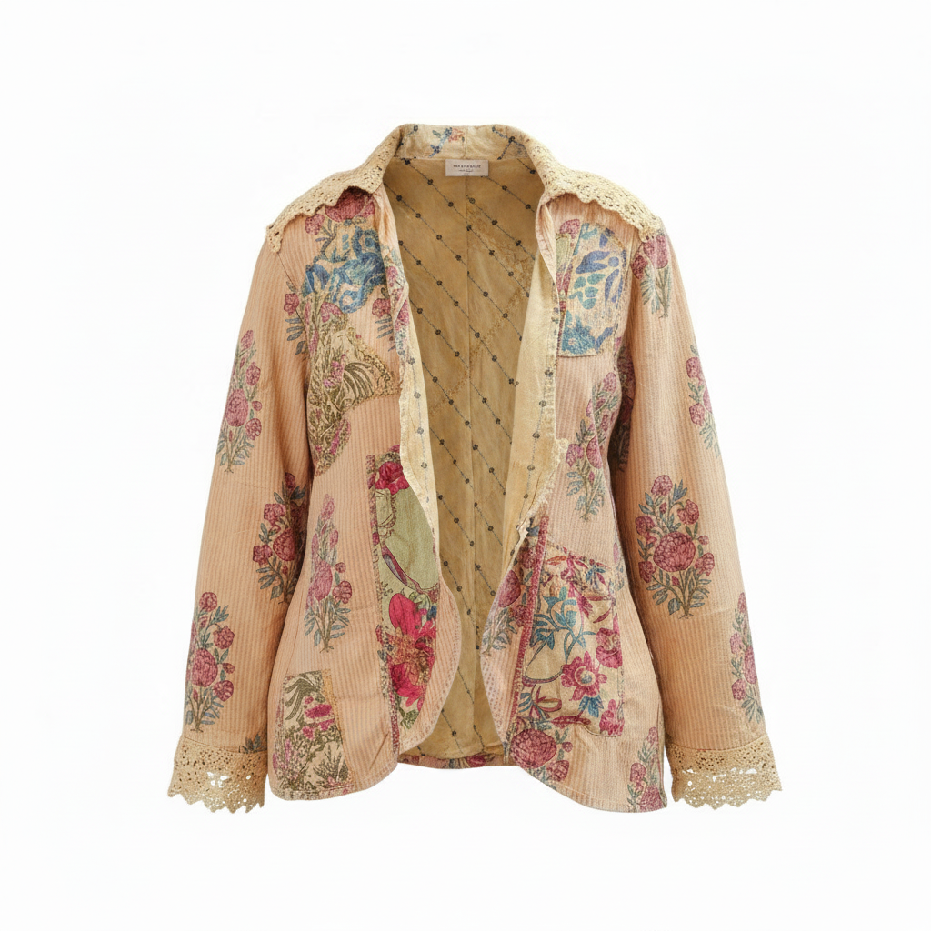 Women's golden peach patchwork floral boho blazer open front, mustard yellow interior lining, ditsy dot cotton, oversized fit