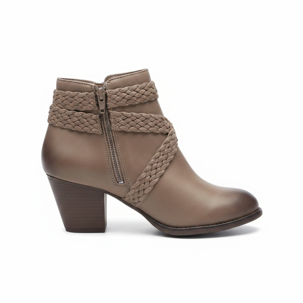 BellanBlue Lazzaro-2 taupe ankle bootie inner side showing side zipper and braided strap detail