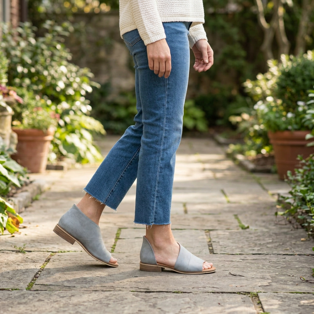 Women's gray cutout low block heel bootie sandals worn with cropped jeans on a garden path