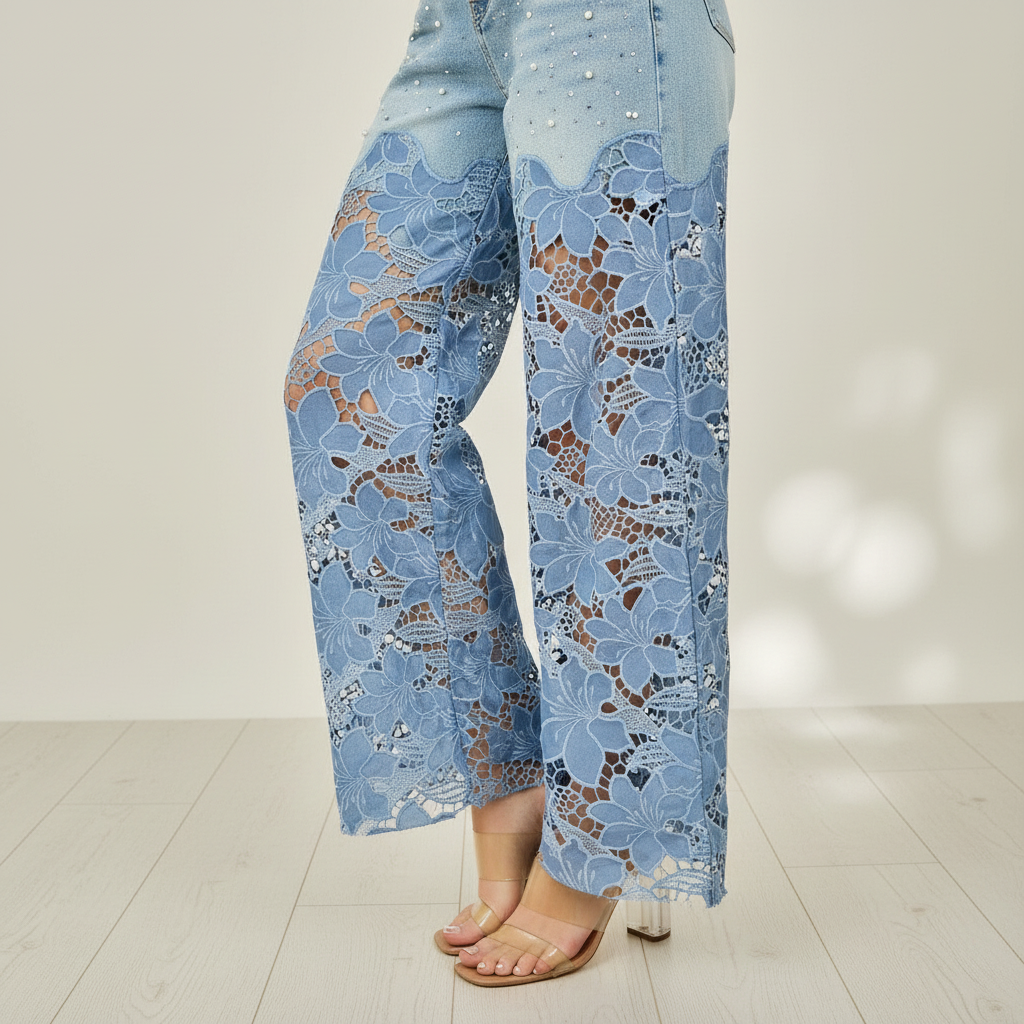 Sheer blue floral crochet lace panel detail on wide-leg denim jeans hem