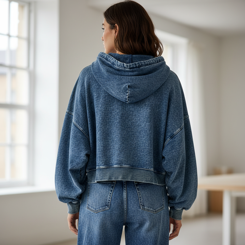 POL Clothing indigo vintage wash hoodie back view, oversized hood and batwing silhouette, home interior