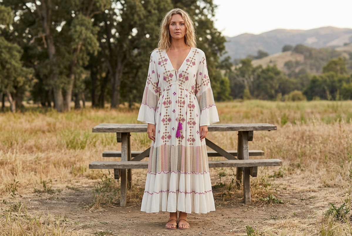 Woman wearing an ivory embroidered maxi dress with bell sleeves beside a picnic table in an oak-lined meadow.