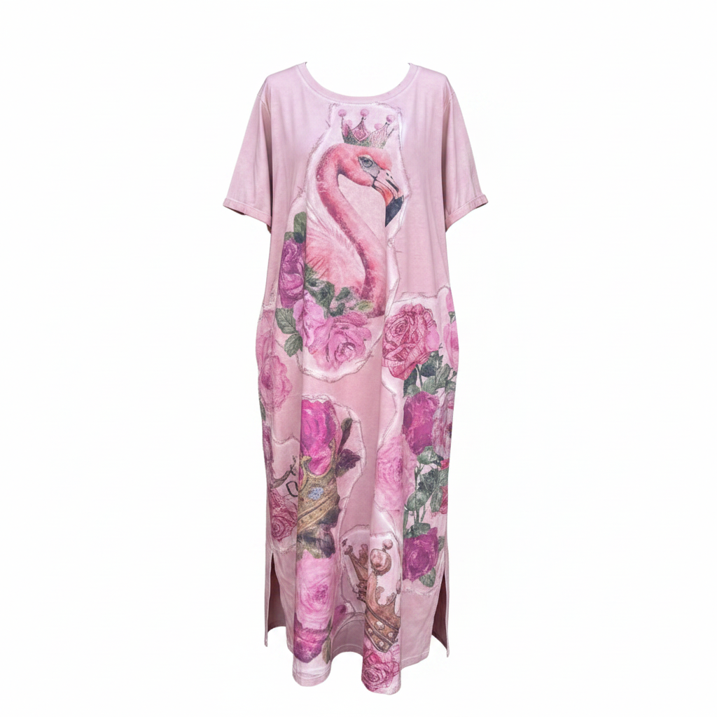 Women's blush pink flamingo graphic maxi dress, jersey knit, relaxed caftan fit, floral print - BellanBlue