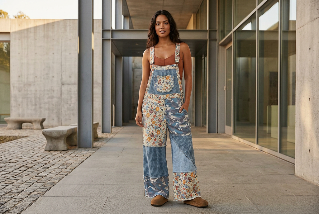 Full-length floral and camo patchwork overalls worn with a rust tank outside a contemporary museum.