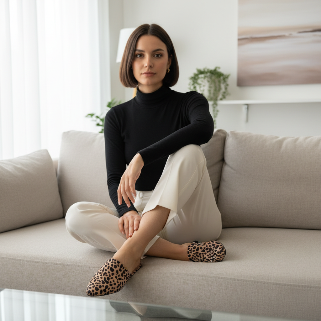 Woman wearing tan leopard print pointed-toe flat mules with cream trousers and black turtleneck on a neutral linen sofa, chic minimal style