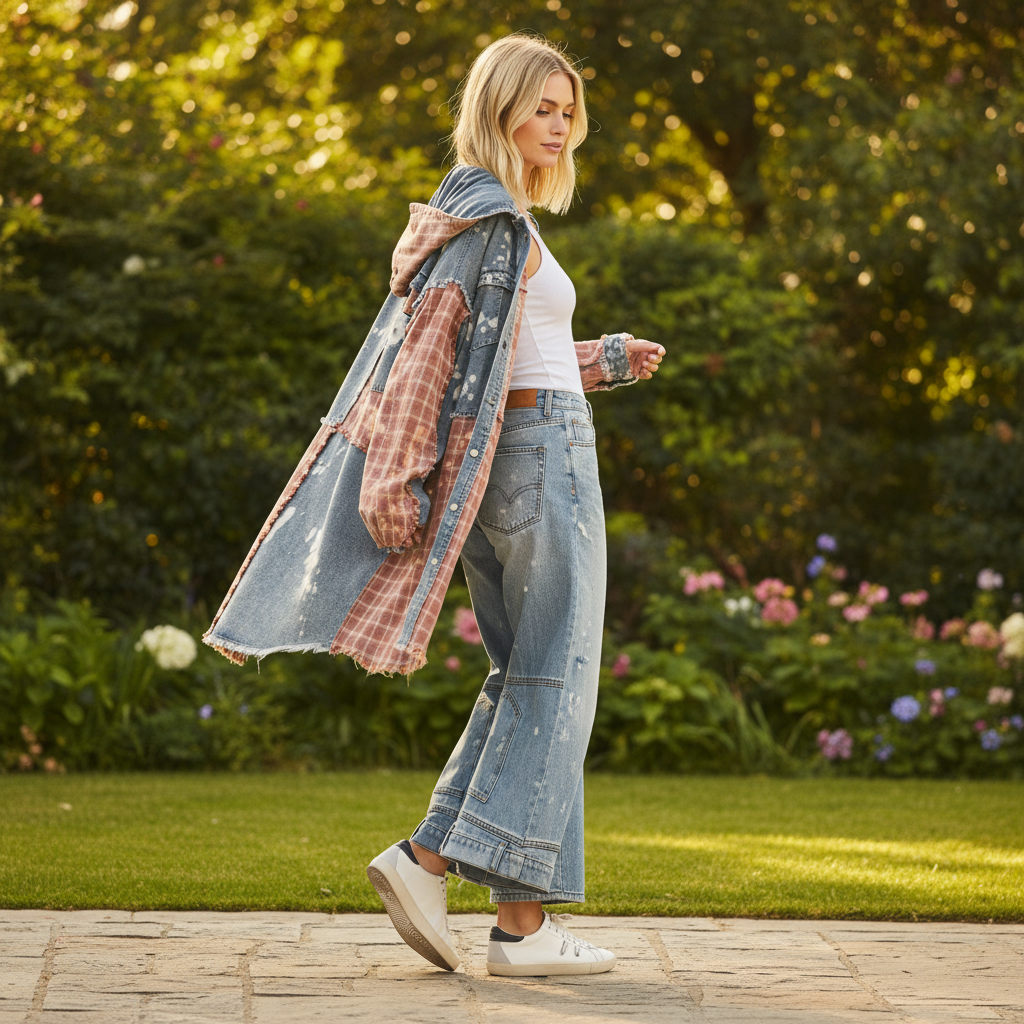 Women's longline patchwork shacket in denim and marsala plaid walking outdoor garden café setting
