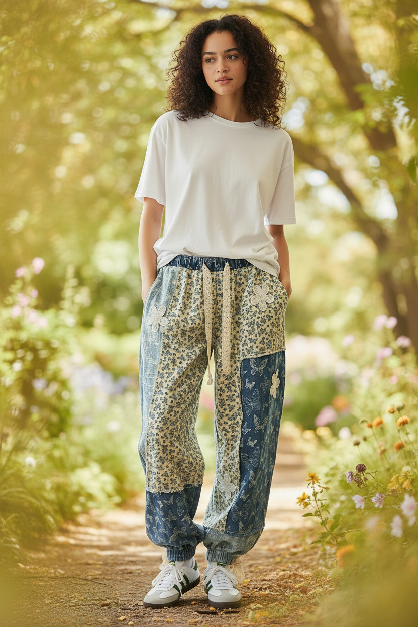Woman wearing blue patchwork joggers with colorful butterfly print and elastic waist styled casually lifestyle photo with bokeh background