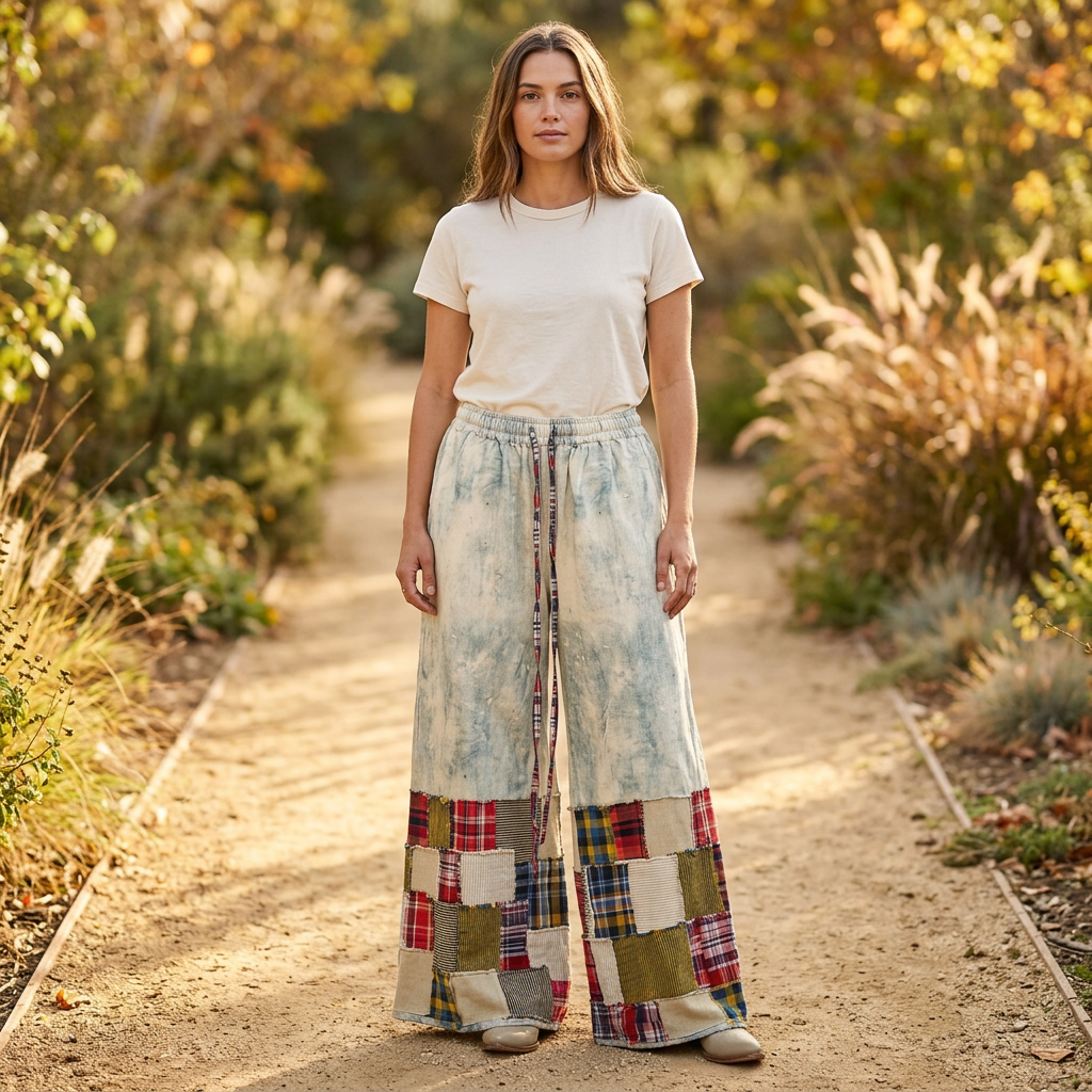 POL Clothing women's light blue mineral-wash patchwork wide-leg pants on a garden path - BellanBlue