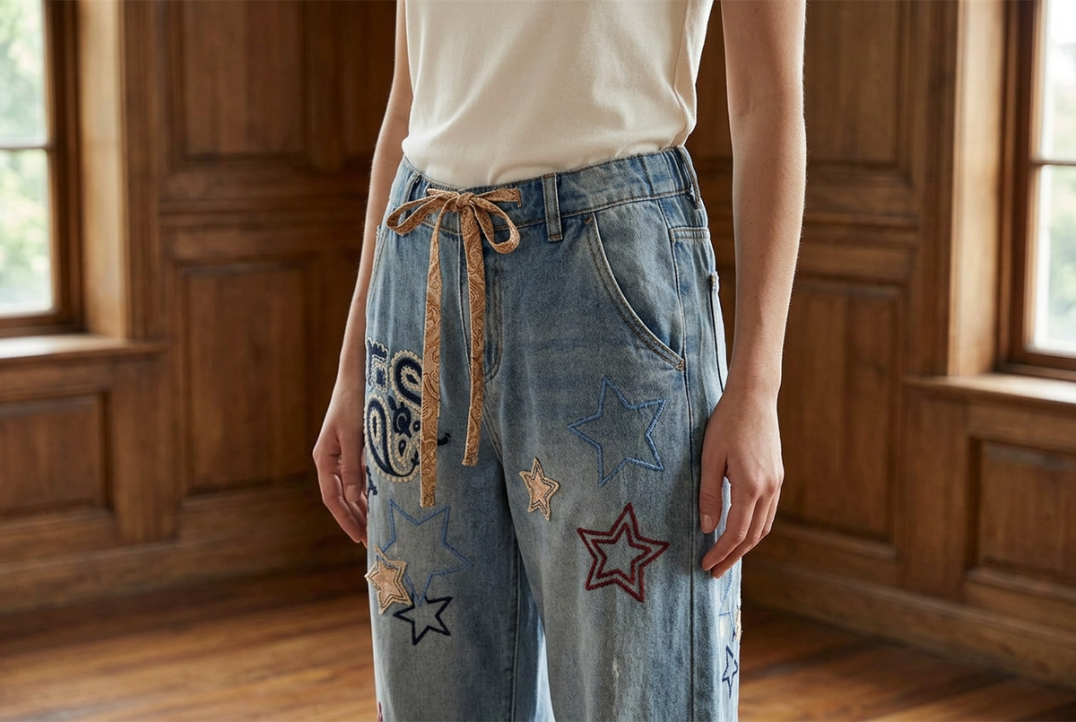 Three-quarter detail of blue jeans with a patterned waist tie, belt loops and curved front pocket