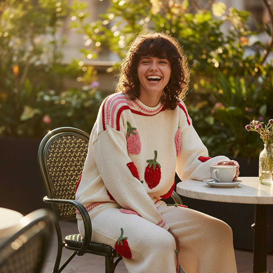 POL Clothing cream strawberry applique knit sweater on model, brunch cafe setting, white jeans

