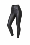 High waisted faux leather leggings in black, three-quarter angle view showing dimension and sleek design