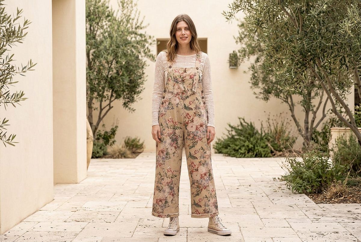 Woman wearing taupe floral wide-leg overalls over an ivory lace top in a courtyard with olive trees.