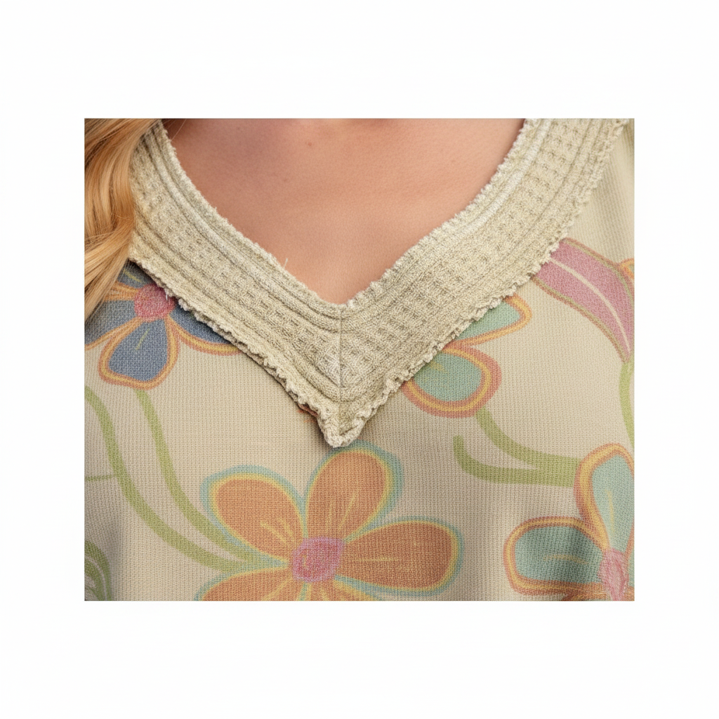 Close-up of V-neckline lettuce-edge trim and waffle knit to floral panel seaming on Easel sage top
