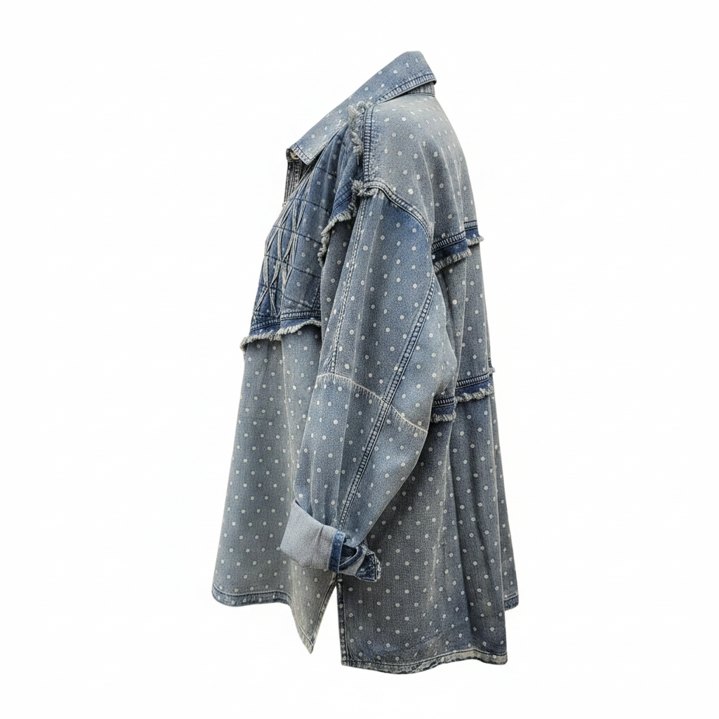 Women's light blue polka dot denim jacket side profile relaxed oversized fit rolled cuffs hip length