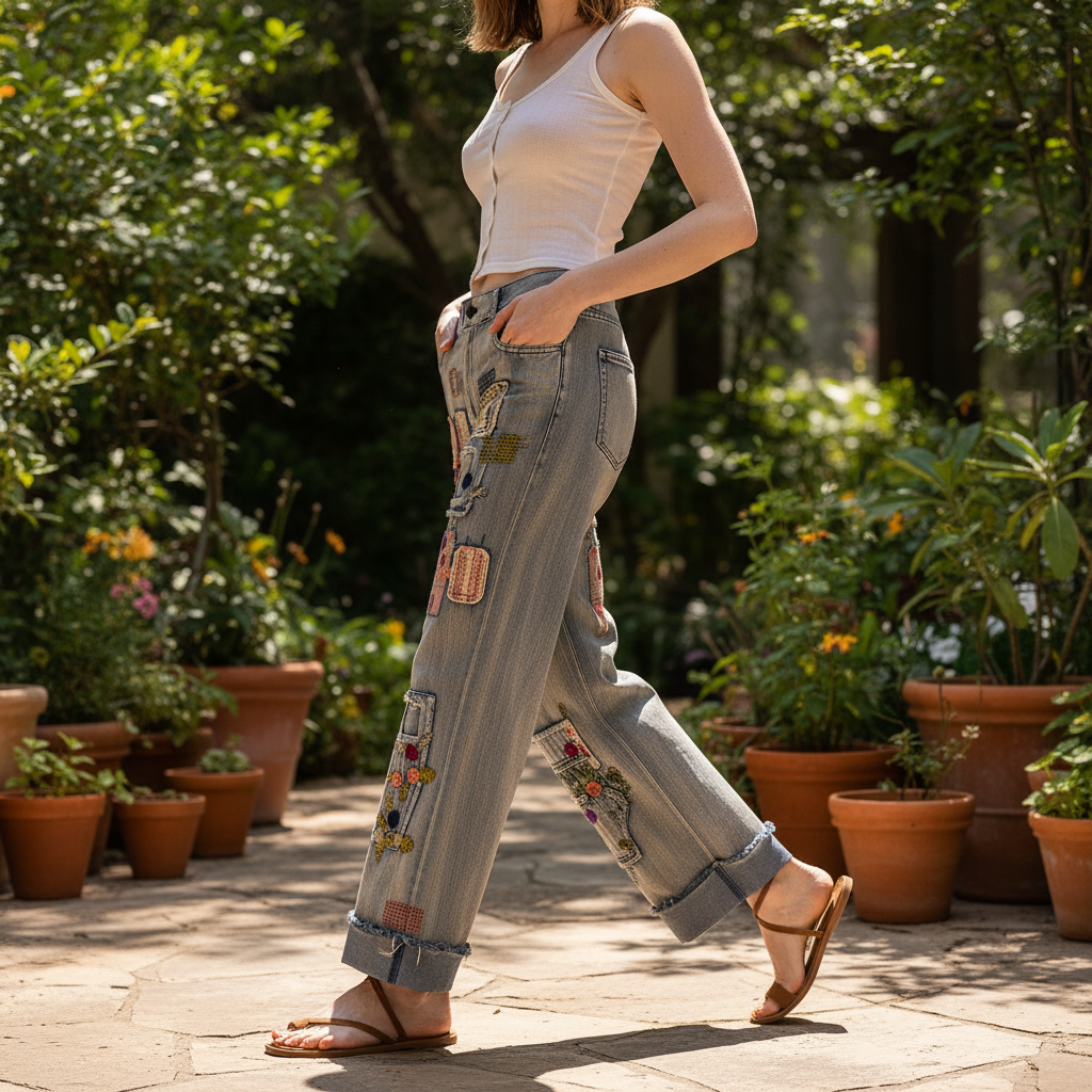 Bluevelvet women's patchwork embroidered wide leg jeans with floral embroidery, garden patio lifestyle