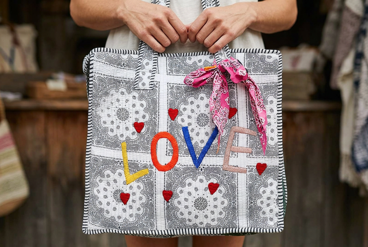 Colorful LOVE stitching and red hearts on a paisley tote held at a market stall