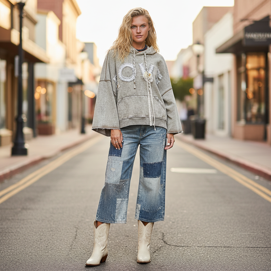 POL Clothing women's taupe vintage wash LOVE crochet applique hoodie, batwing sleeves, boutique street style - BellanBlue