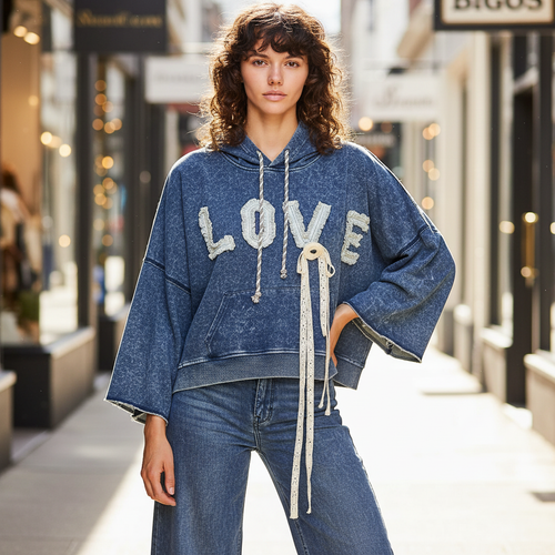POL Clothing women's indigo vintage wash LOVE crochet applique hoodie, batwing sleeves, boutique street style - BellanBlue