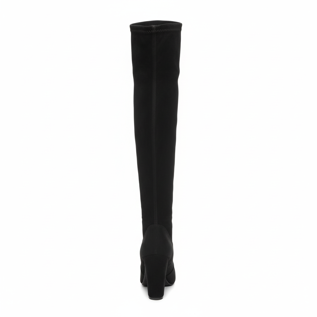 Women's black suede over-the-knee boots back view - elegant heel design and rear details