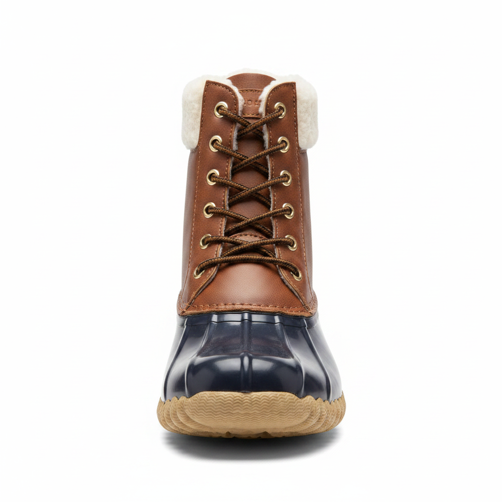 Women's brown and navy duck boot front view, faux sherpa collar, lace-up, rubber lower shell - Yoki