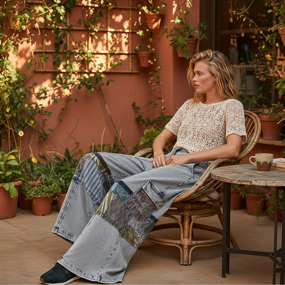 Women's charcoal patchwork cargo palazzo pants walking in garden patio, golden hour