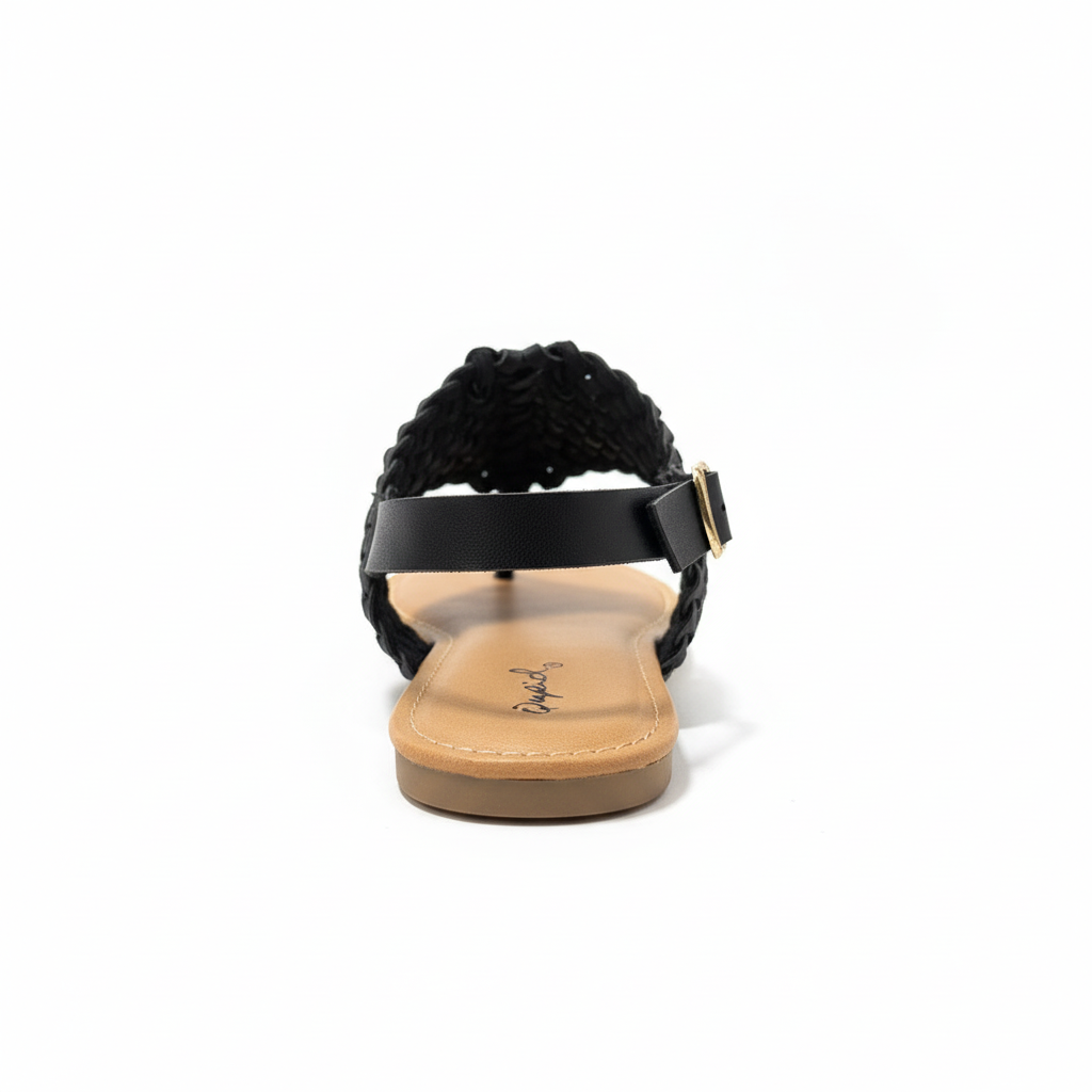 Women's black woven braided flat thong sandal with gold buckle slingback strap back view white background