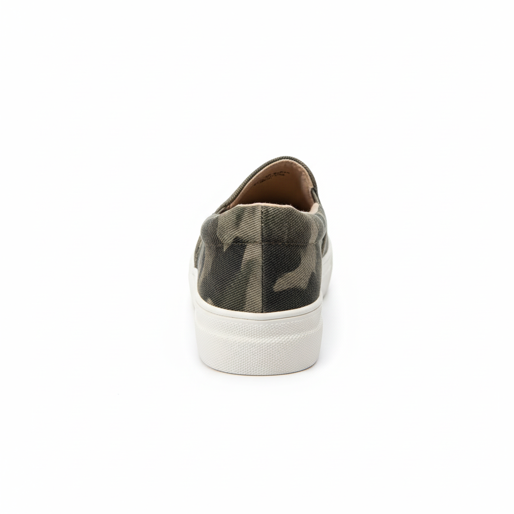 Khaki camo slip-on sneakers back view professional product shot