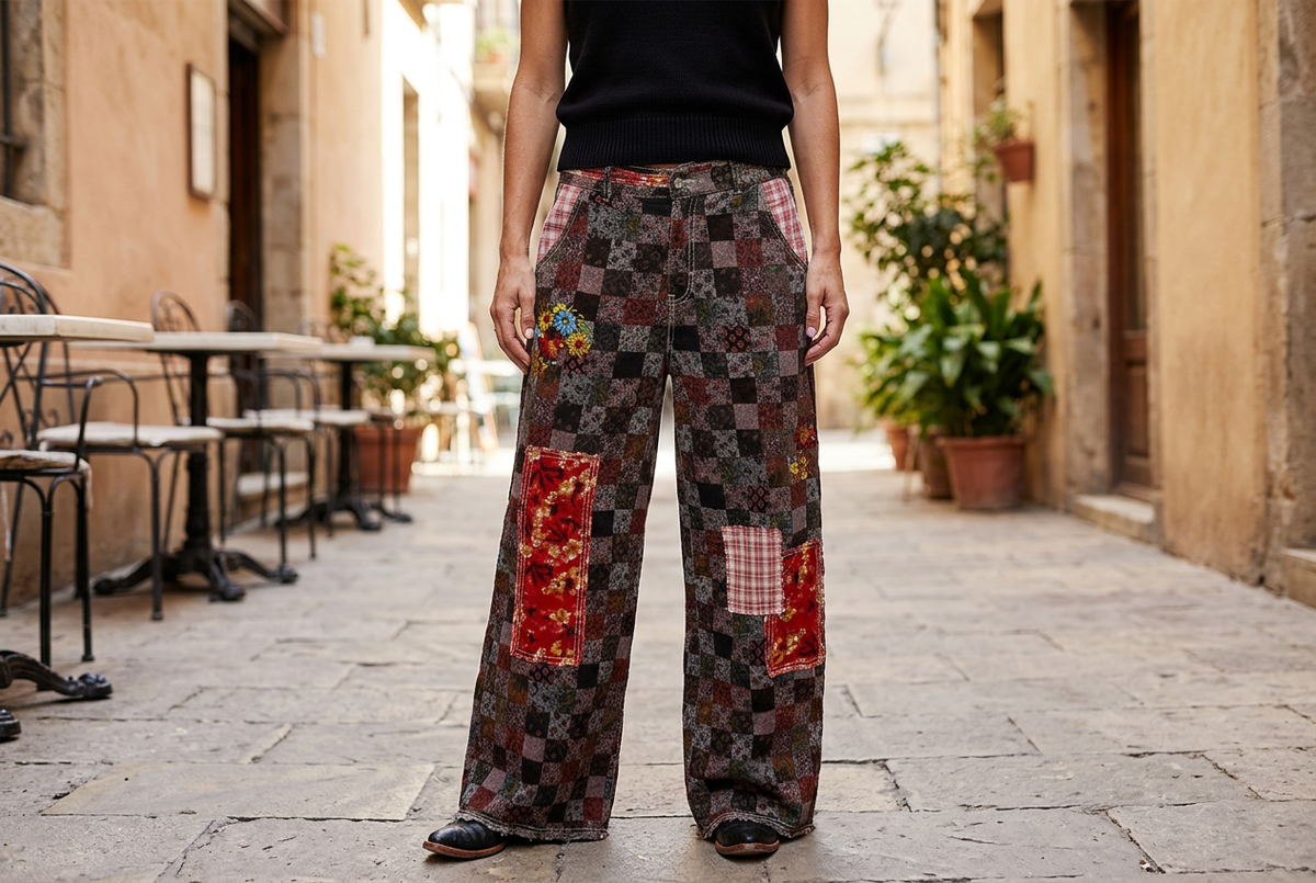 POL Clothing women's burgundy patchwork pants showing relaxed straight legs and raw hems with a black top