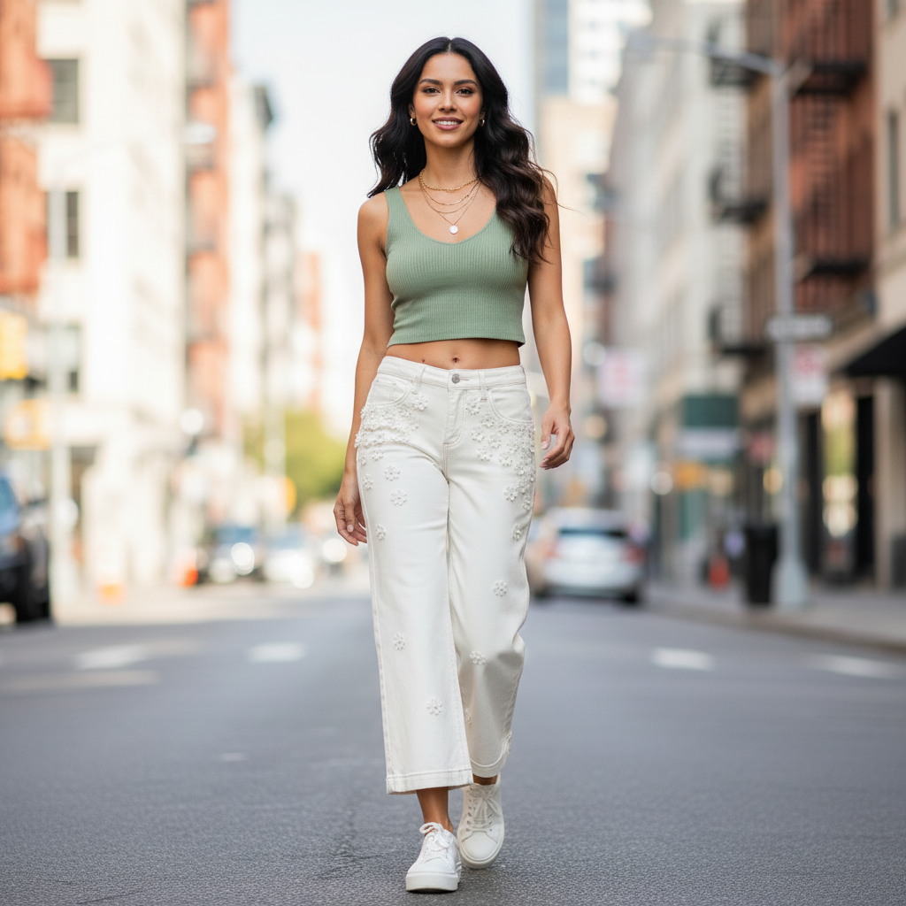 Women's ivory floral appliqué wide-leg cropped jeans street style casual outfit