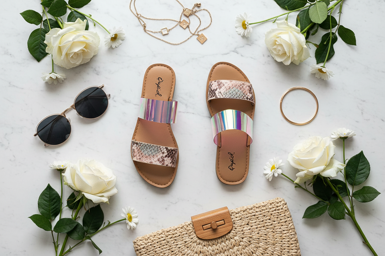 Flat lay of holographic snake print sandals with sunglasses, gold jewelry, and straw clutch accessories