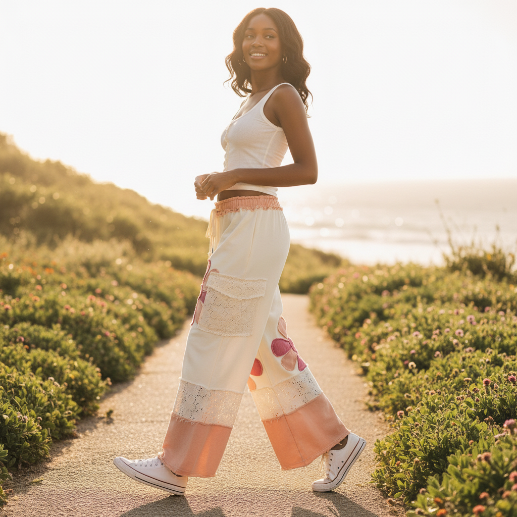 Women's ivory wide-leg pants, walking pose, daisy flower patches, eyelet lace, peach color-block hem, boho fit