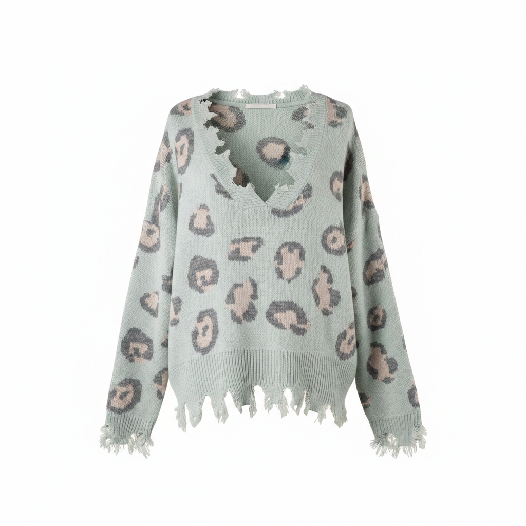 Women's mint green leopard knit sweater front, ghost mannequin, frayed V-neckline, oversized fit