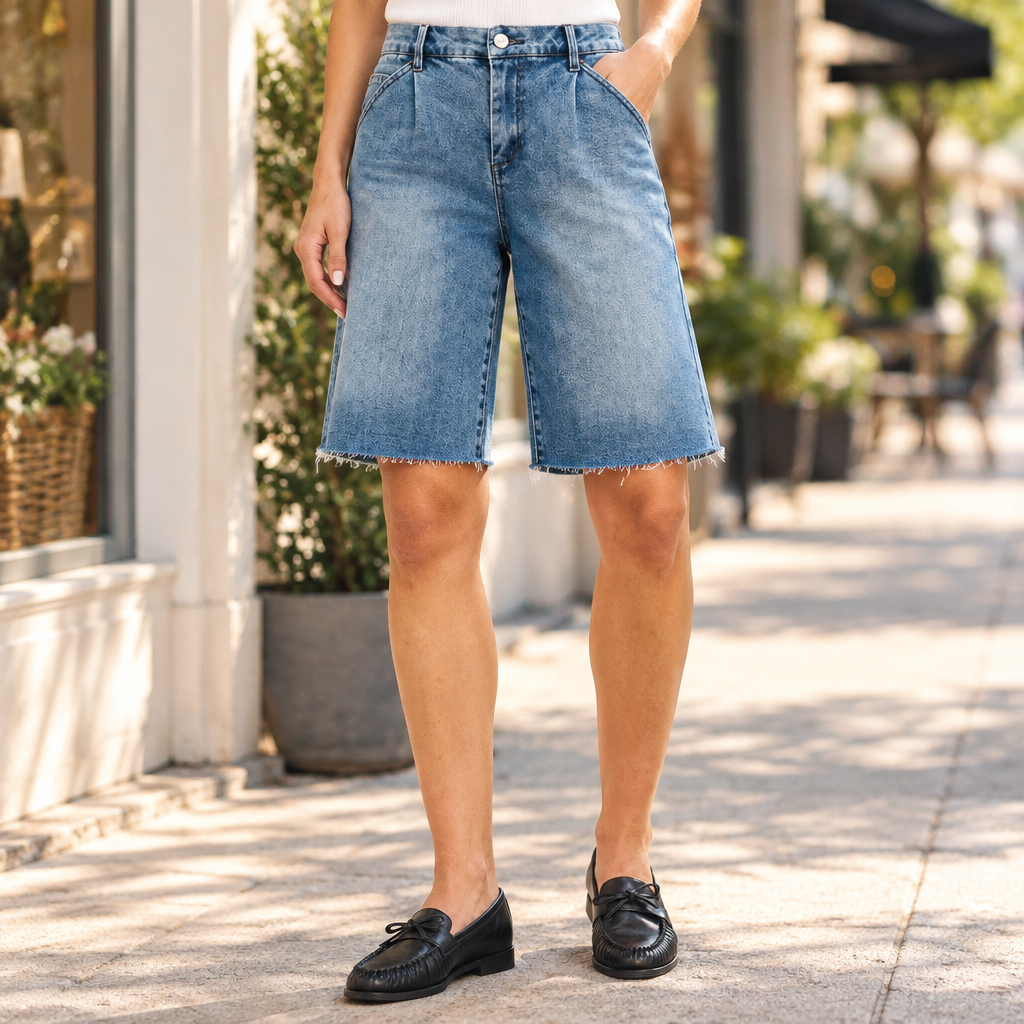 Raw frayed knee length hem detail on Risen Jeans women's medium wash wide leg denim jorts