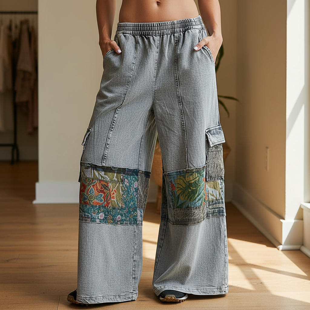 Close-up patchwork cargo pocket detail, charcoal wide-leg pants, tapestry panels